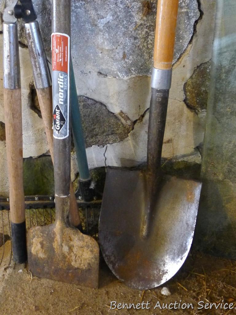 Nice spade shovel with wooden handle; Eagle rake; The Maintainer lawn & garden rake has 22" head