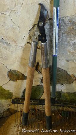 Nice spade shovel with wooden handle; Eagle rake; The Maintainer lawn & garden rake has 22" head