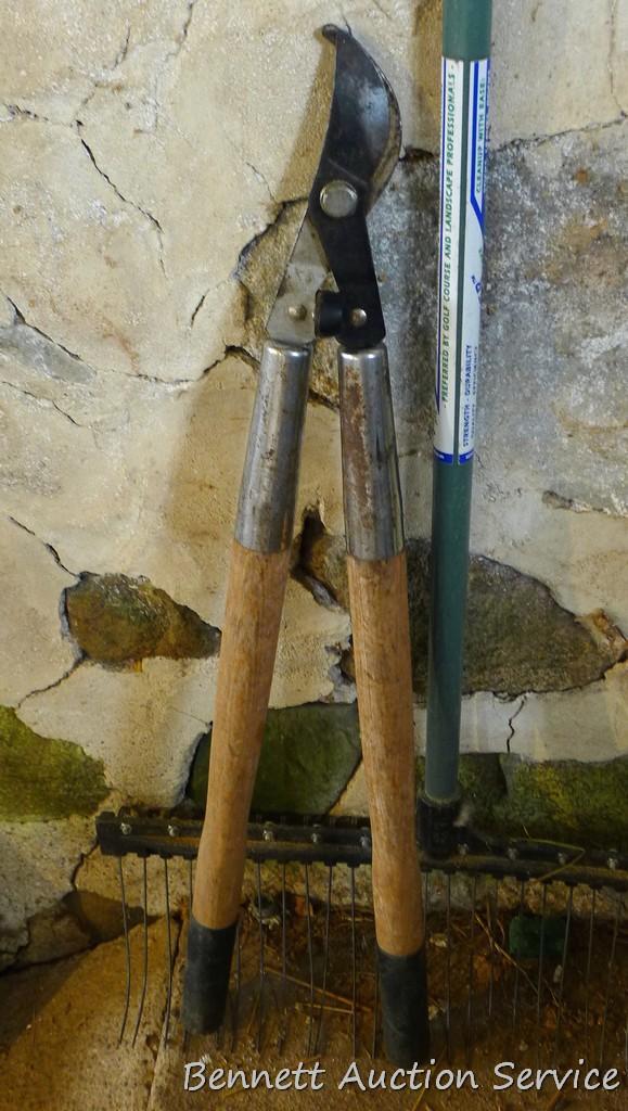 Nice spade shovel with wooden handle; Eagle rake; The Maintainer lawn & garden rake has 22" head