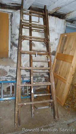 Wooden ladder by American Ladder Institute is in 3 sections that pull apart or extend. Each section