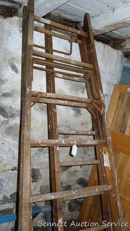 Wooden ladder by American Ladder Institute is in 3 sections that pull apart or extend. Each section