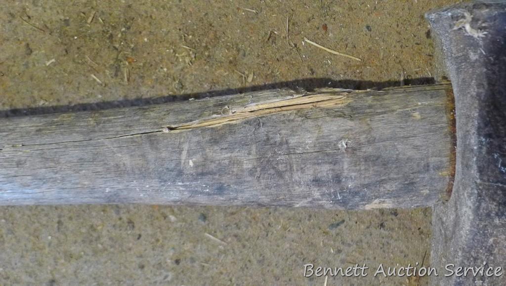 Splitting maul has 3-1/4" x 7" head, handle is cracked; 12 lb. sledge hammer made in USA.