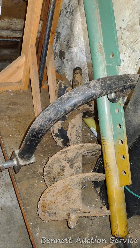 3 point post hole auger attachment. Auger section is nearly 4'. 12" diameter. Has category 2 hitch