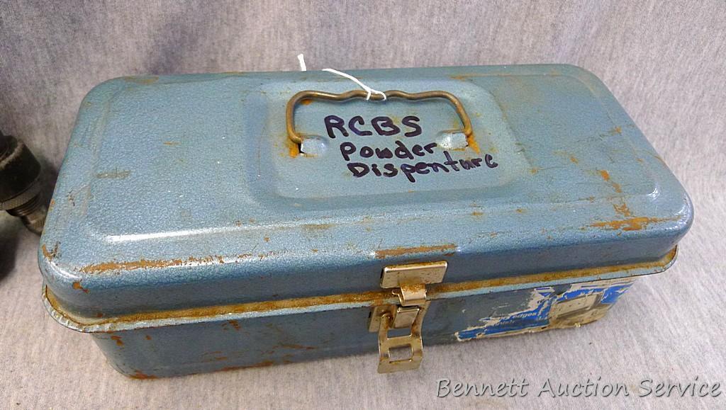 RCBS reloading powder measure comes in an 11" steel tools box. Powder dispenser and measure.