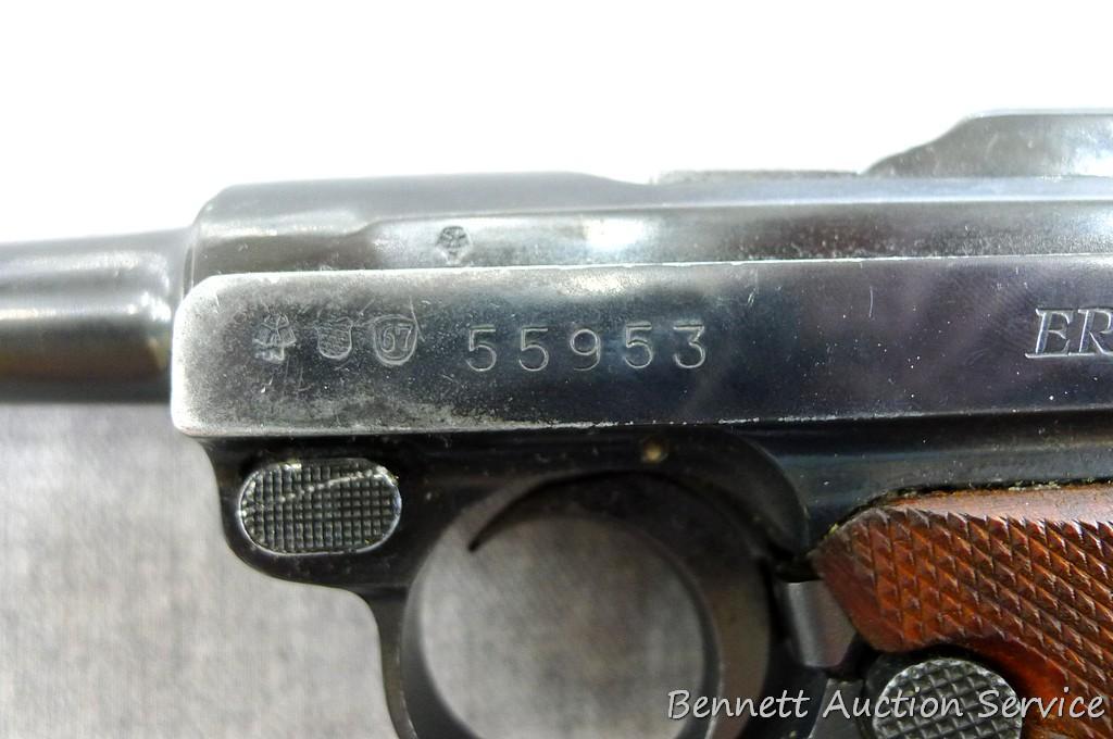 Erma EP.22 German Luger pistol chambered .22LR. 4-1/2" barrel has a bright bore and good rifling.