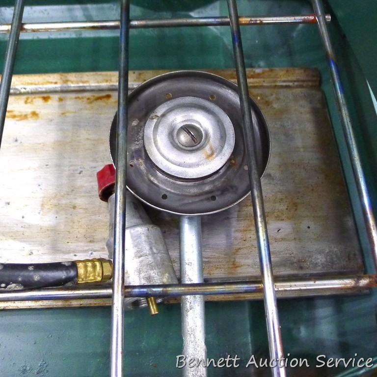 Coleman camp stove is about 21" x 13" x 4". Looks to be in pretty good condition and includes