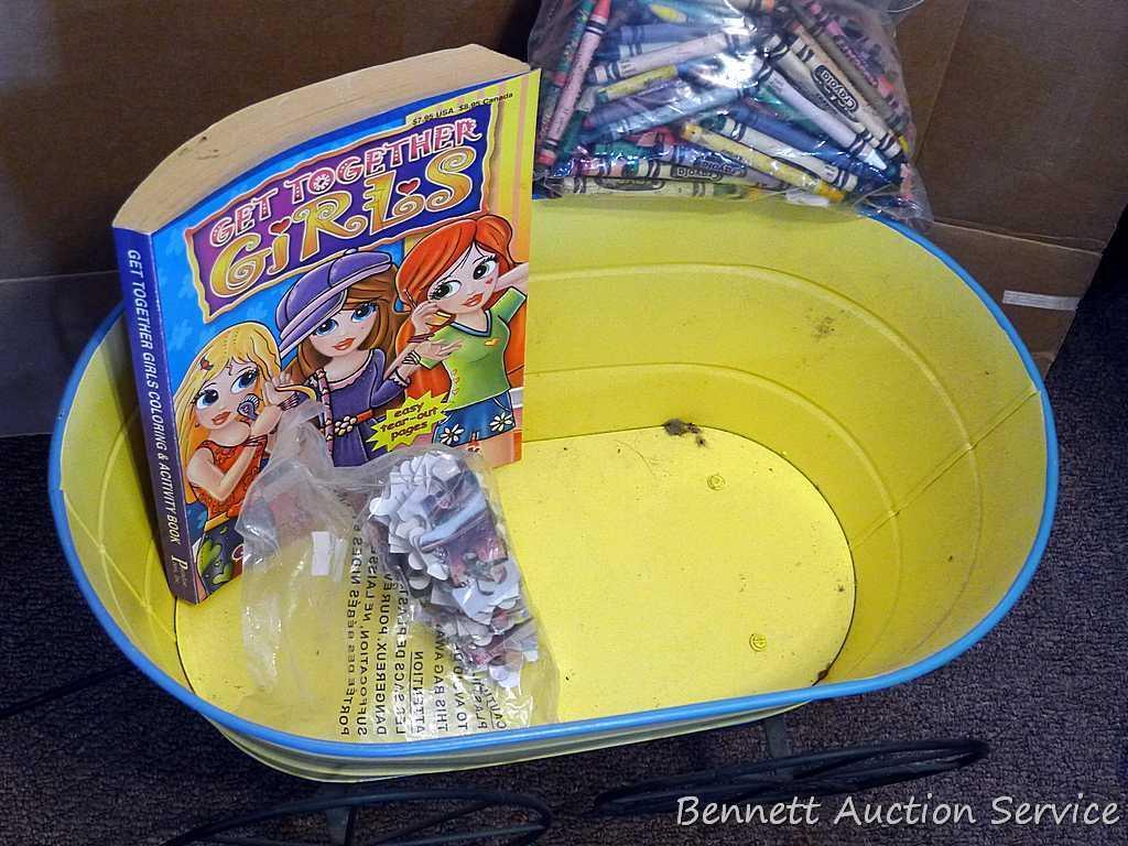 New in package toy tool kit; cute little wagon filled with little toys, crafts, crayons, puzzles,