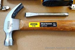 Stanley tools including 30' LeverLock tape, light duty hammer, hack saw frame; Craftsman chisel,