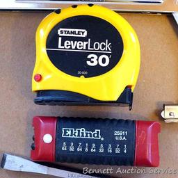 Stanley tools including 30' LeverLock tape, light duty hammer, hack saw frame; Craftsman chisel,