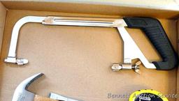 Stanley tools including 30' LeverLock tape, light duty hammer, hack saw frame; Craftsman chisel,