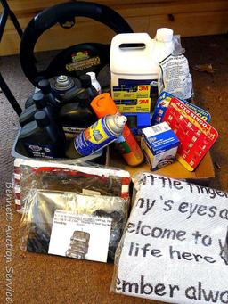 No shipping. Automotive items including travel blanket; unopened four quarts 5W-30 and powering