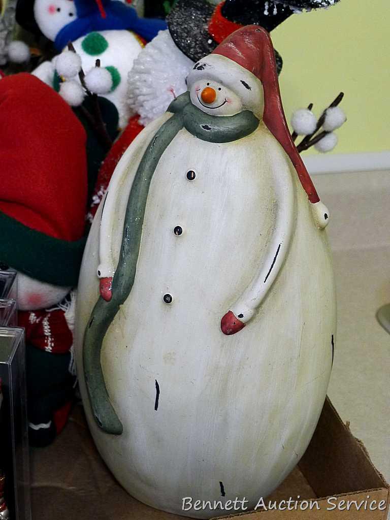 Variety of snowmen ornaments and decorations. Smallest Christmas ornaments are each approx. 2",