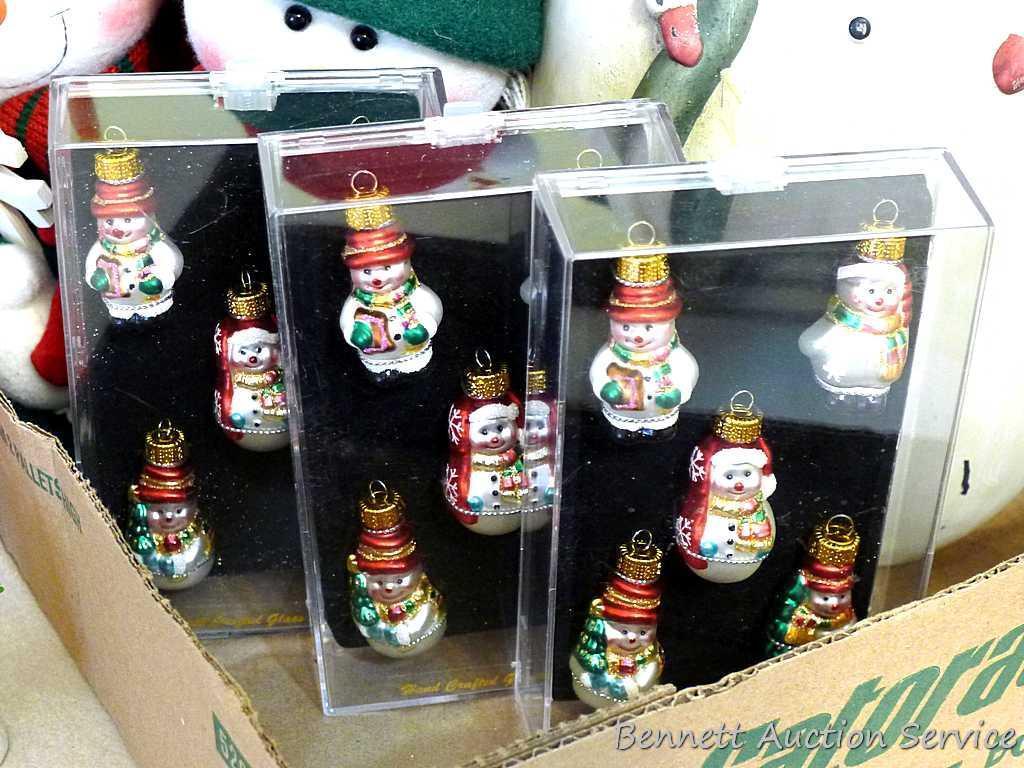Variety of snowmen ornaments and decorations. Smallest Christmas ornaments are each approx. 2",