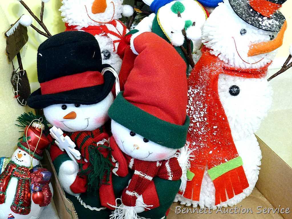 Variety of snowmen ornaments and decorations. Smallest Christmas ornaments are each approx. 2",