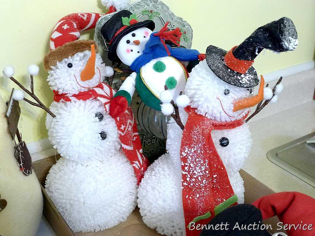 Variety of snowmen ornaments and decorations. Smallest Christmas ornaments are each approx. 2",