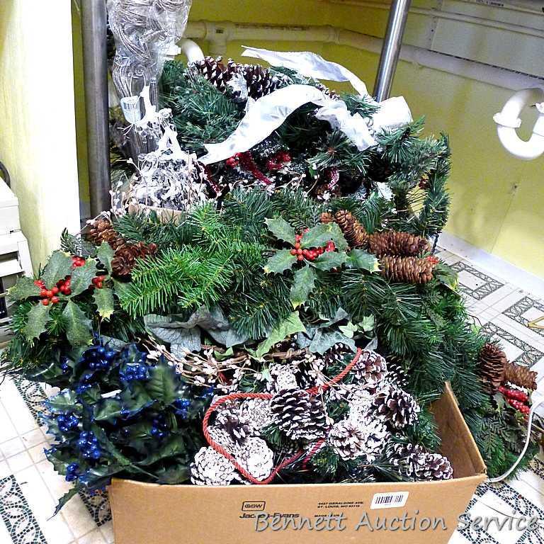 Assortment of holiday garland, greenery, swag, etc. Newer white beaded garland is approx. 3';