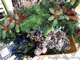 Assortment of holiday garland, greenery, swag, etc. Newer white beaded garland is approx. 3';