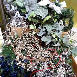 Assortment of holiday garland, greenery, swag, etc. Newer white beaded garland is approx. 3';