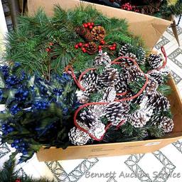 Assortment of holiday garland, greenery, swag, etc. Newer white beaded garland is approx. 3';