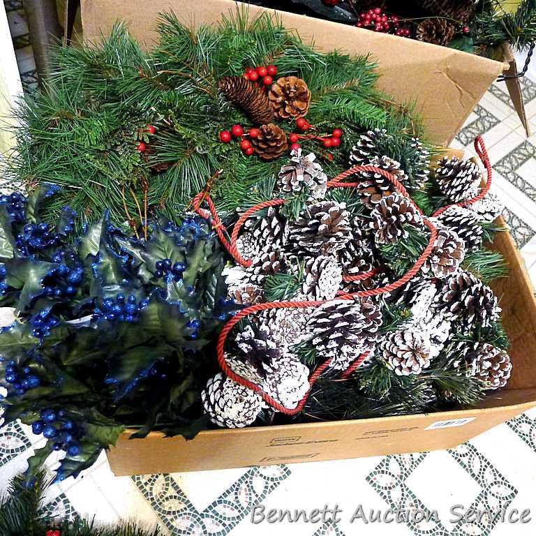 Assortment of holiday garland, greenery, swag, etc. Newer white beaded garland is approx. 3';