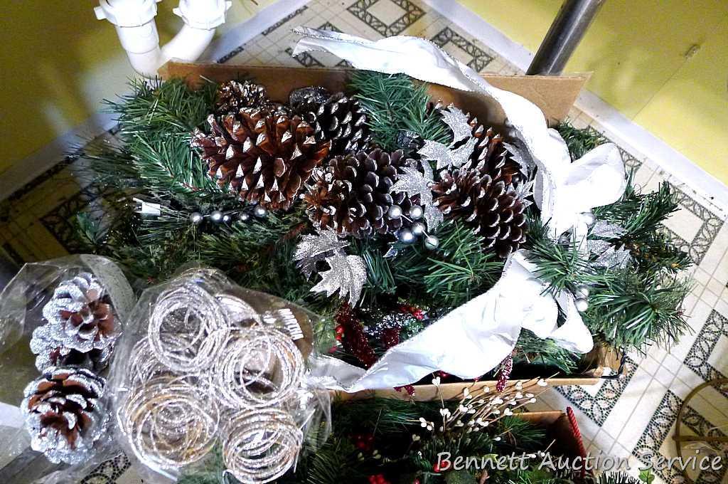 Assortment of holiday garland, greenery, swag, etc. Newer white beaded garland is approx. 3';