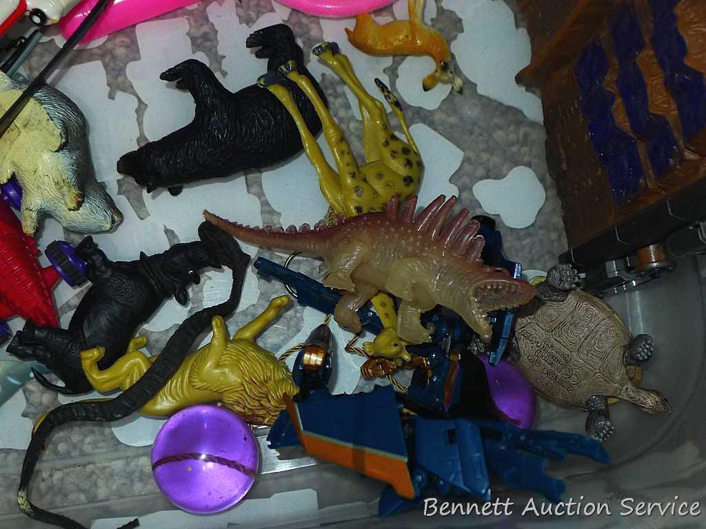Tub of toys includes some K'Nex; Nerf rifle; set of 4 water Blasters; ceramic military dressed piggy