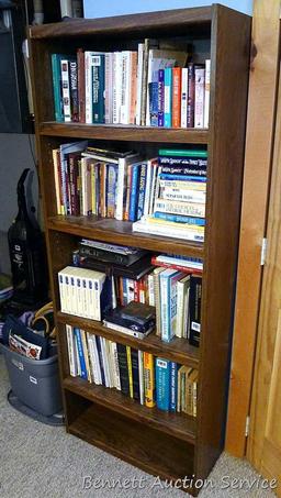Sturdy wooden book shelf unit is 28" x 11-1/2" x 71" tall.