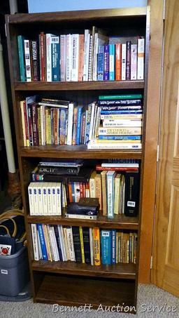 Sturdy wooden book shelf unit is 28" x 11-1/2" x 71" tall.