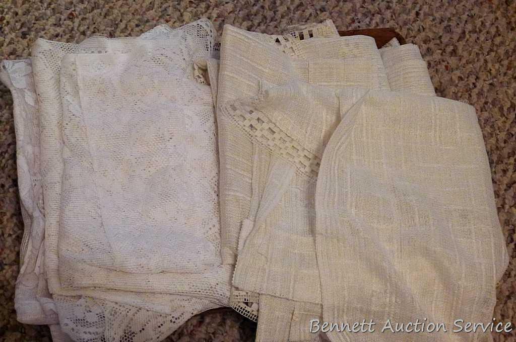 Lacy tablecloths, valances and curtain panels. 5-1/2' x 20" valance; 6' diameter table cloth; more.