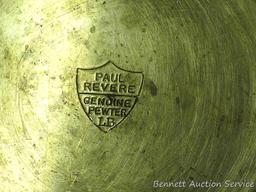 Pewter Paul Revere pitcher is 8-1/2" tall; other pewter pitcher has a cork stopper in spout;