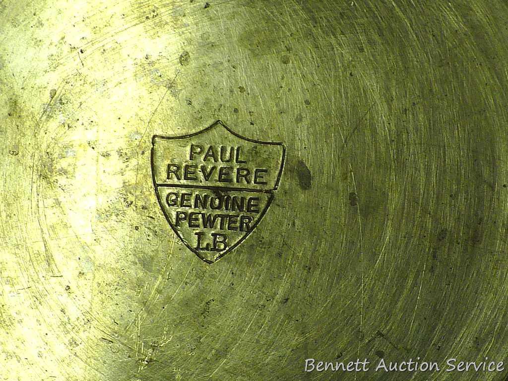 Pewter Paul Revere pitcher is 8-1/2" tall; other pewter pitcher has a cork stopper in spout;