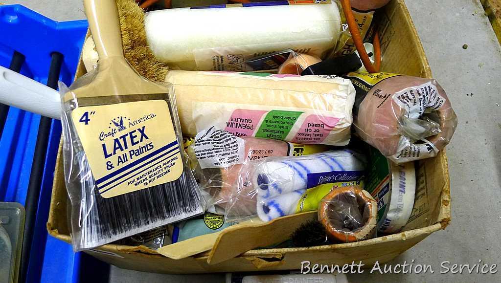 Wall paper and painting tools including wall paper tray, tool set, paint rollers, paint pads, tape,