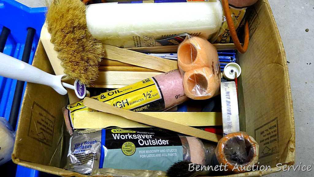 Wall paper and painting tools including wall paper tray, tool set, paint rollers, paint pads, tape,