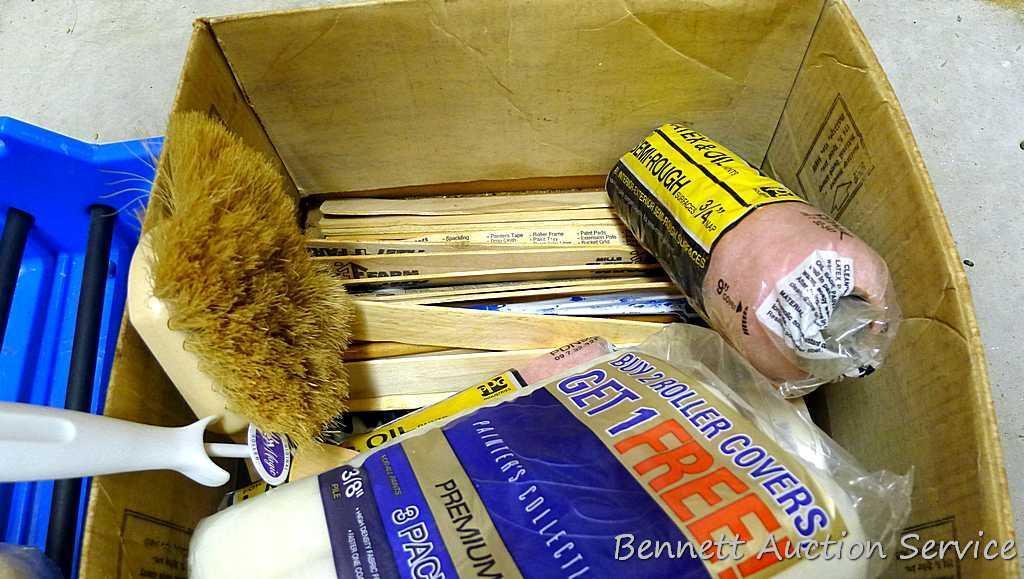 Wall paper and painting tools including wall paper tray, tool set, paint rollers, paint pads, tape,