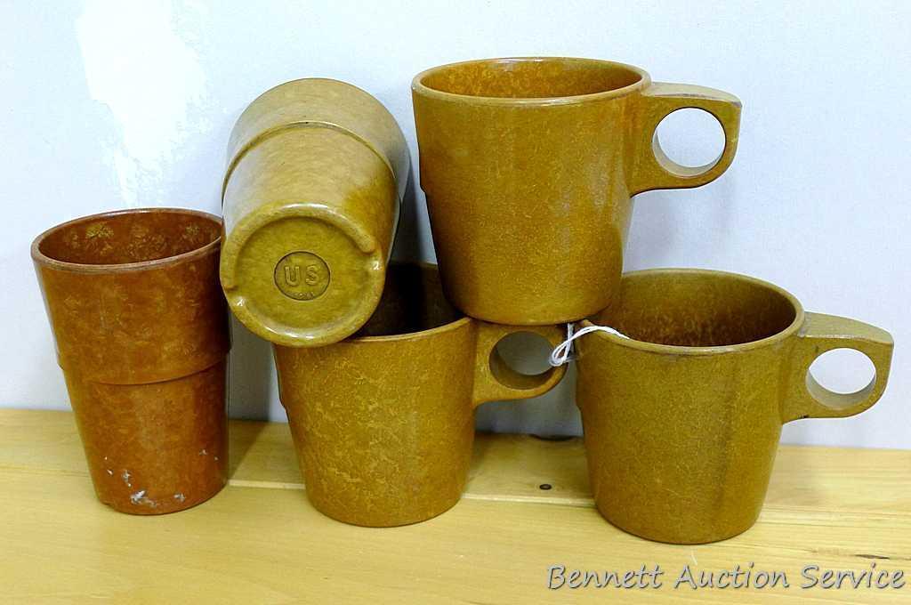 Three US Military field coffee cups are made of melamine or melmac by Halsy. Vietnam era dates 1961,