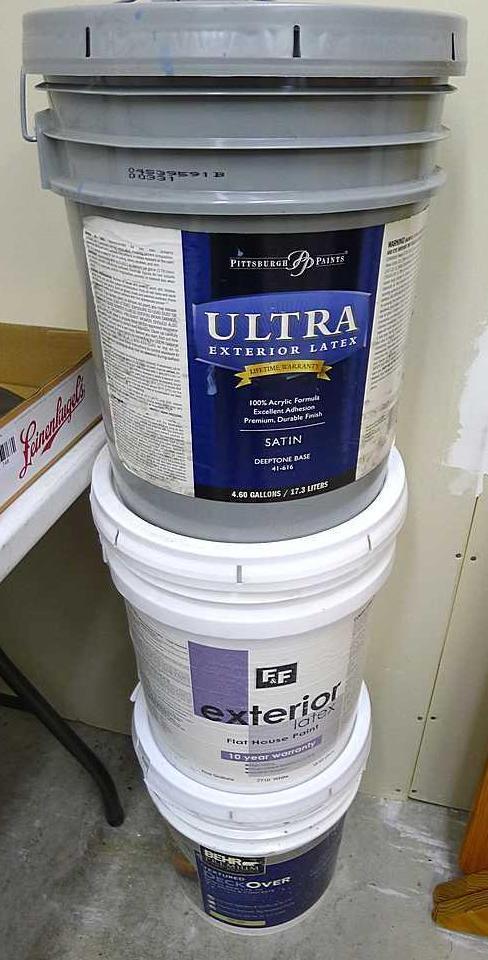 No shipping. Three partial 5 gallon buckets of paints including exterior house paint and textured