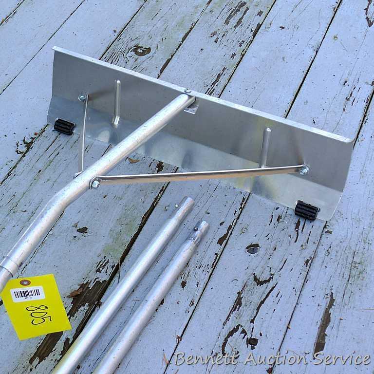Roof rake has a 24" head; three poles are each about 5' long.
