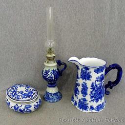Beautiful decorative vase, oil lamp and music box; pitcher measures 9-1/2" x 9" tall. The 3 pieces