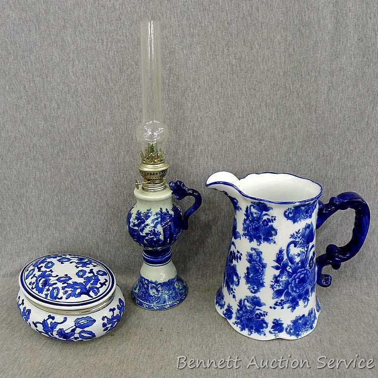 Beautiful decorative vase, oil lamp and music box; pitcher measures 9-1/2" x 9" tall. The 3 pieces