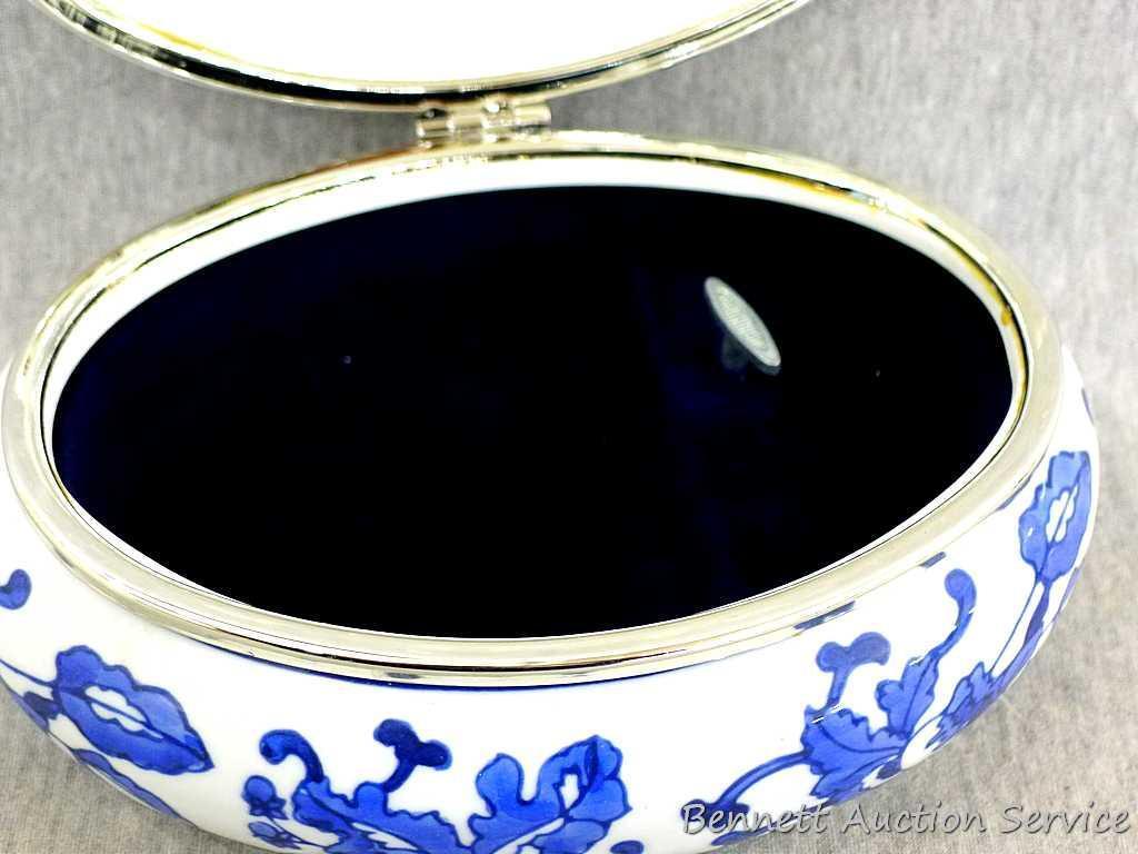 Beautiful decorative vase, oil lamp and music box; pitcher measures 9-1/2" x 9" tall. The 3 pieces