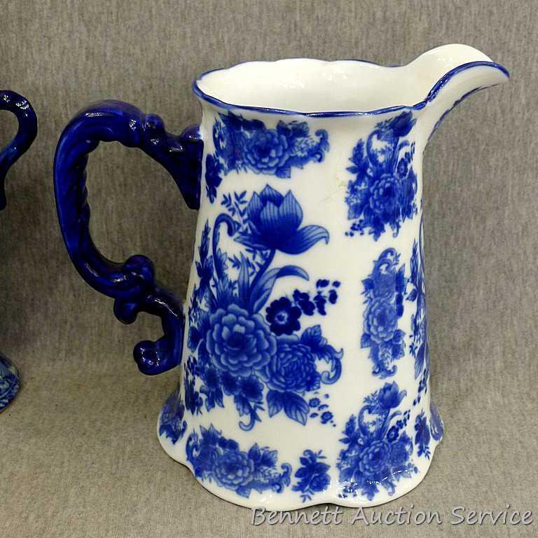Beautiful decorative vase, oil lamp and music box; pitcher measures 9-1/2" x 9" tall. The 3 pieces