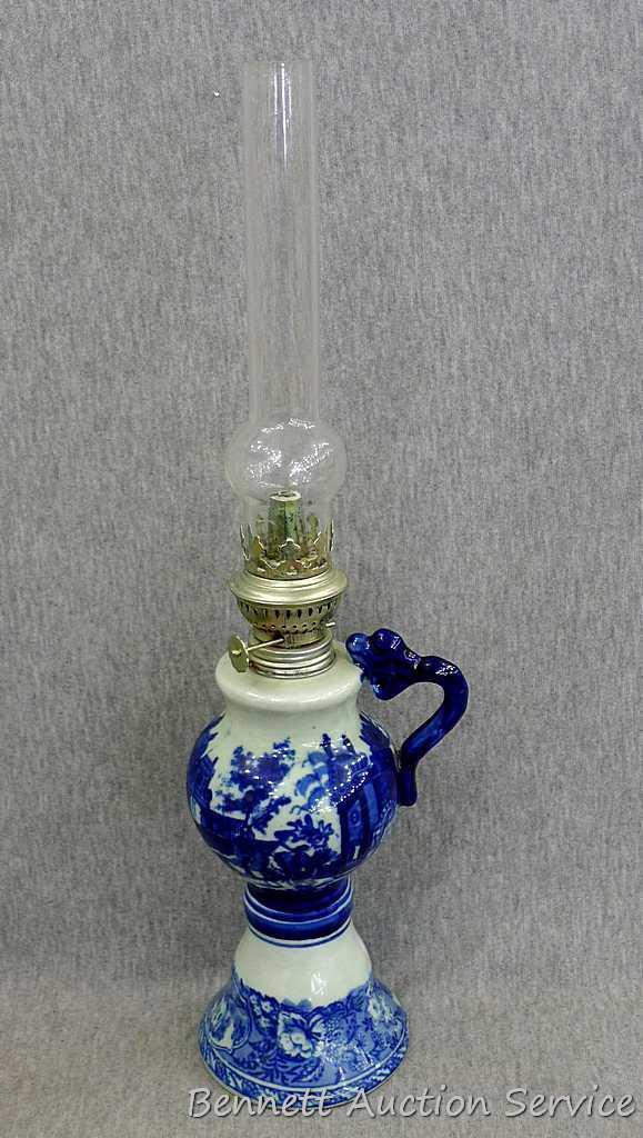 Beautiful decorative vase, oil lamp and music box; pitcher measures 9-1/2" x 9" tall. The 3 pieces