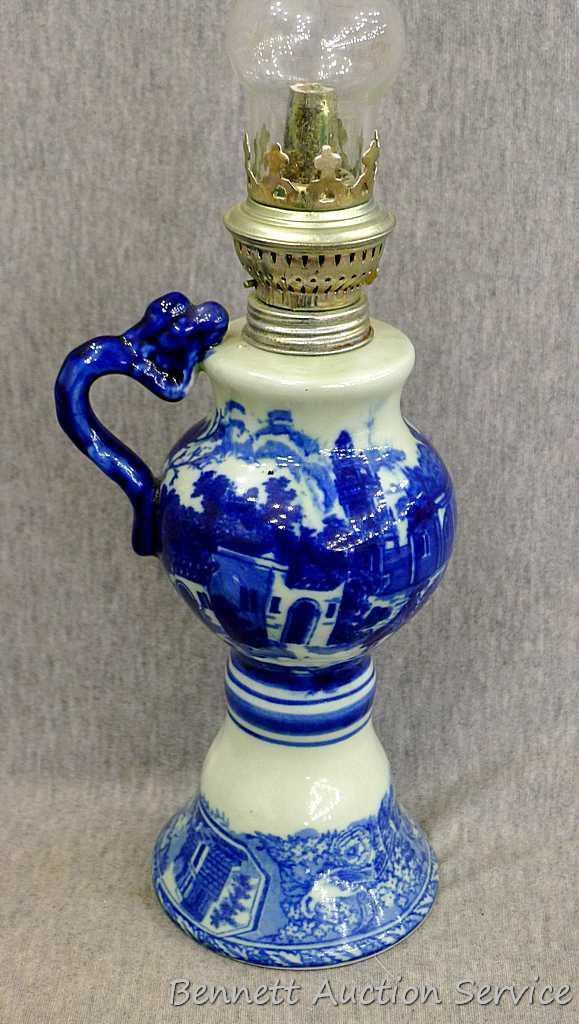 Beautiful decorative vase, oil lamp and music box; pitcher measures 9-1/2" x 9" tall. The 3 pieces