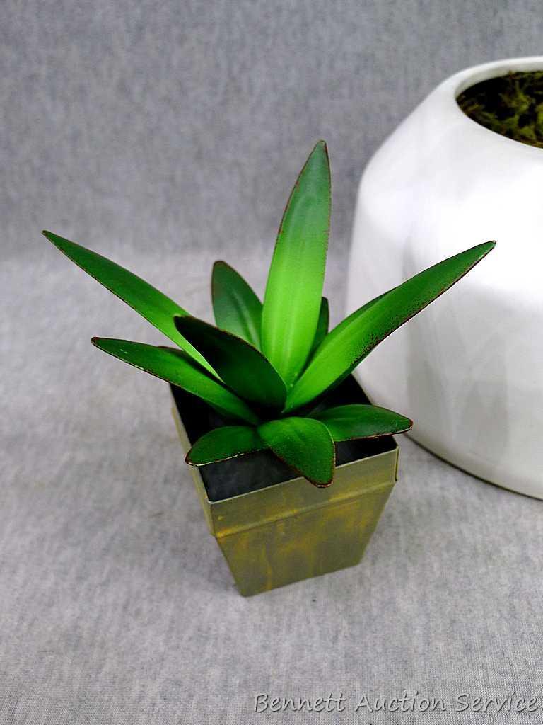 Opal House artificial plant in an 8-1/2" x 4" pot; artificial greenery in a resin vase; Metal aloe