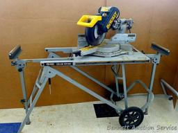 DeWalt 12" double bevel sliding compound miter saw is 36" long. It is bolted to a Ridgid AC9940