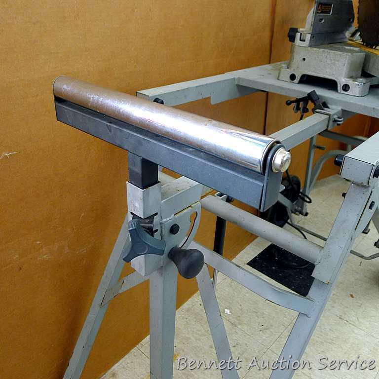 DeWalt 12" double bevel sliding compound miter saw is 36" long. It is bolted to a Ridgid AC9940