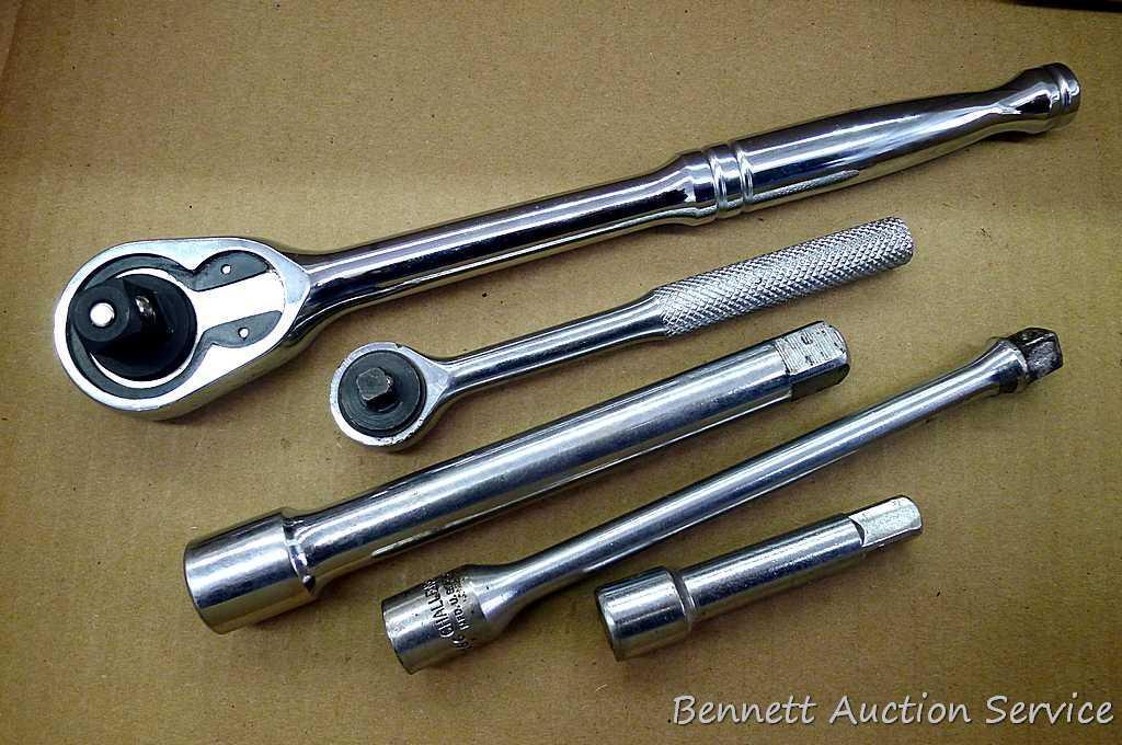 Grip 1/2" drive reversible ratchet with quick release; ACE 1/4" drive reversible ratchet; 6" x 1/2"