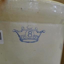 Antique blue crown 8 gallon crock with handles; measures 14' X 17". Has crazing, chip near handle,