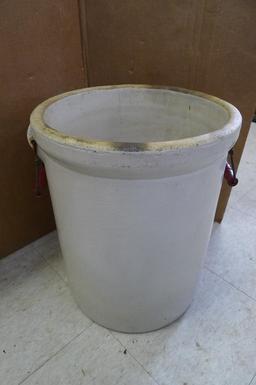 Antique blue crown 8 gallon crock with handles; measures 14' X 17". Has crazing, chip near handle,