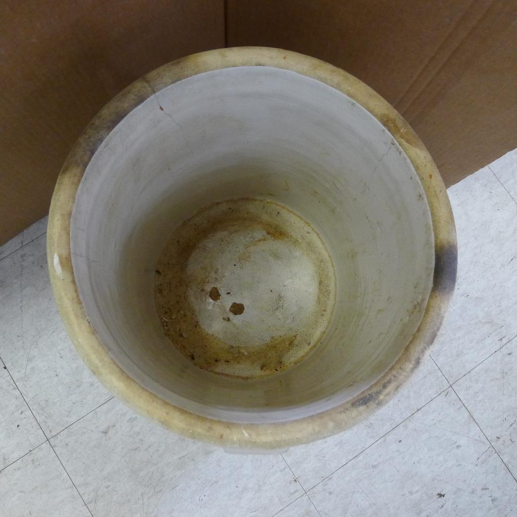 Antique blue crown 8 gallon crock with handles; measures 14' X 17". Has crazing, chip near handle,